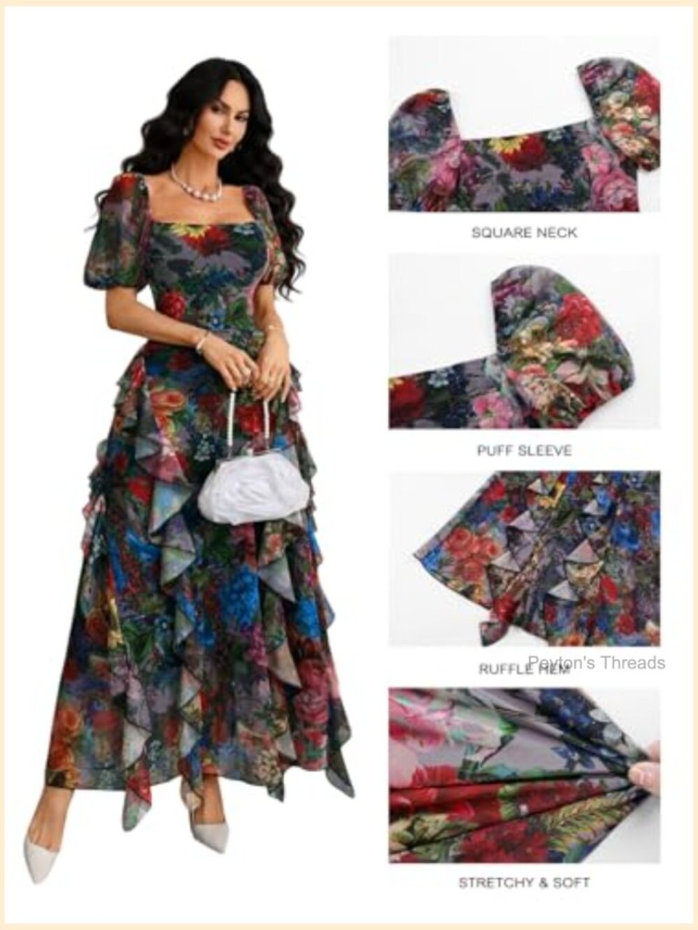 Women Floral Square Neck Puff Sleeve Ruffle Hem Mesh Maxi Dress - Picture 7 of 7